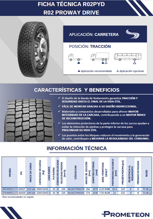 Llanta 295/80R22.5TL 152/148M M+S R02PYD