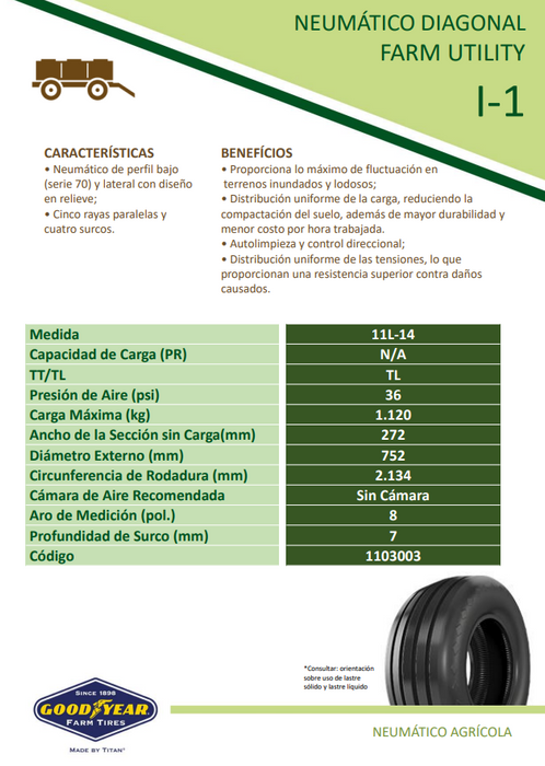 Llanta 11L-14SL I1 FARM UTILITY 8PR GOODYEAR TL