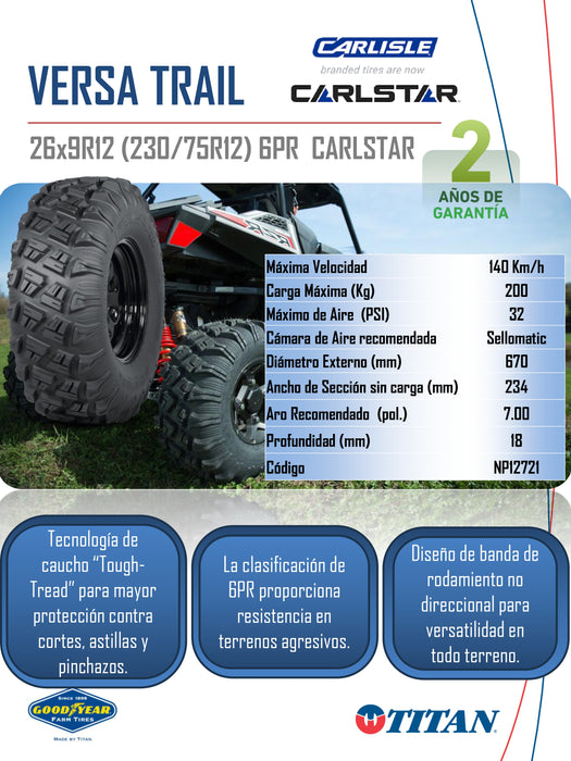 Llanta 26x9R12 ATV VERSA TRAIL 6PR CARLSTAR TL