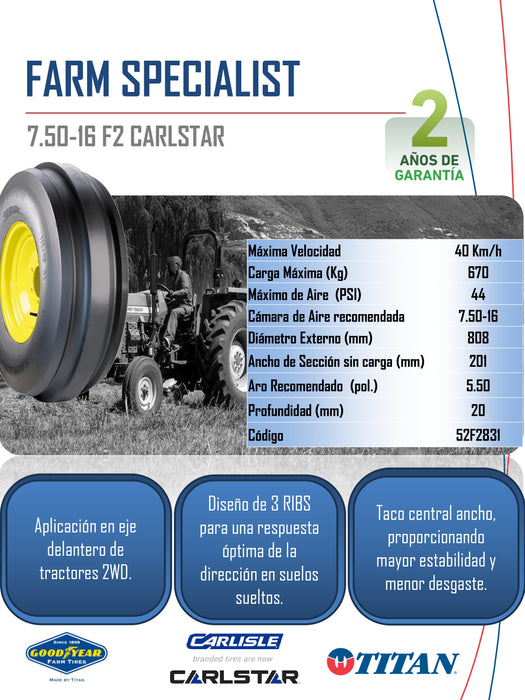 Llanta 7.50-16 F2  FARM SPECIALIST 6PR CARLSTAR TT