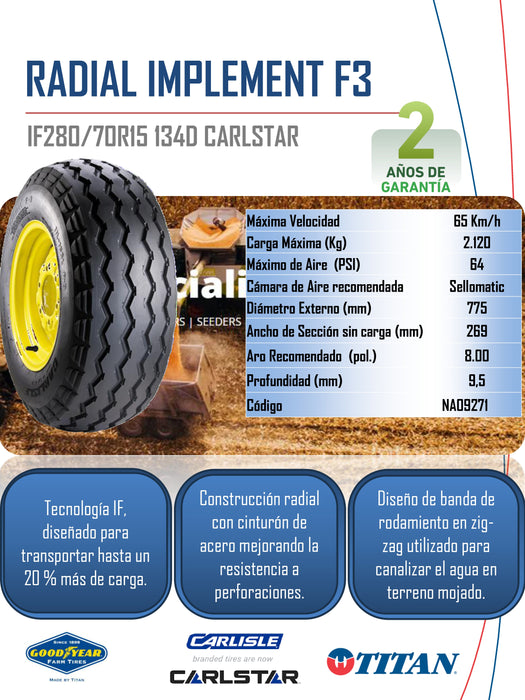 Llanta IF280/70R15 F3 IMPLEMENT RADIAL 134D CARLSTAR TL