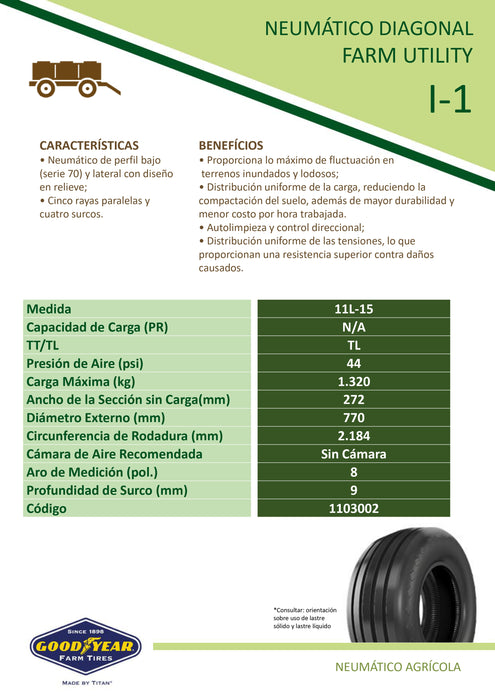 Llanta 11L-15 I1 FARM UTILITY 10PR GOODYEAR TL