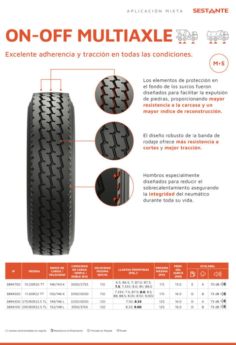 Llanta 295/80R22.5TL 152/148L M+S S.OOM