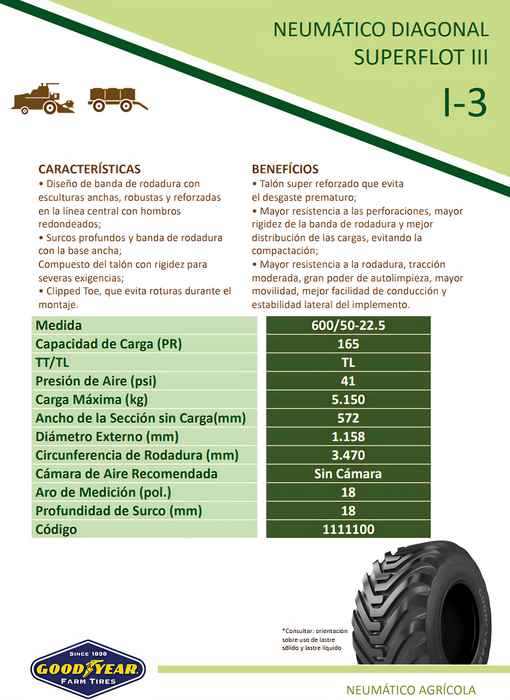 Llanta  600/50-22.5 I3 SUPERFLOT III 165A8 GOODYEAR TL