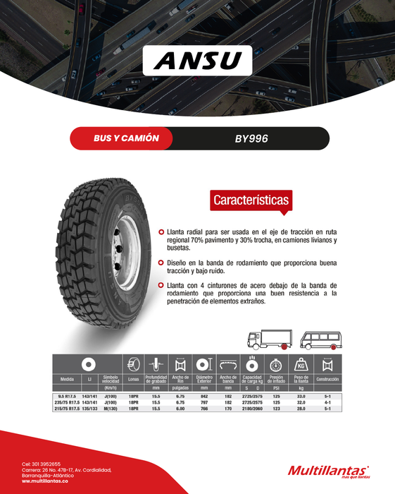 Llanta 9.5R17.5 18Pr 143/141J By996 Trac Ansu