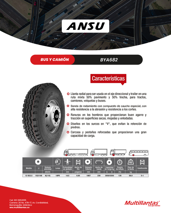 Llanta 12R22.5 18Pr 152/149K Bya682 Mix OTR Ansu