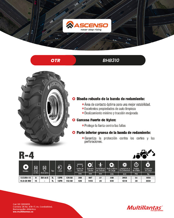 Llanta 12.5/80-18 12Pr 129-A8 BHB310 Tl R4 Ascenso