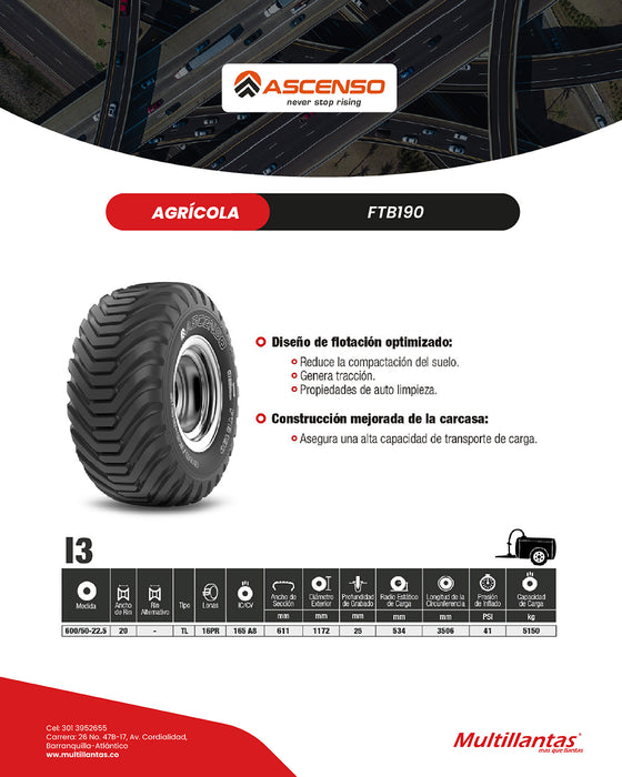 Llanta 600/50-22.5 16Pr FTB190 Tl Ascenso