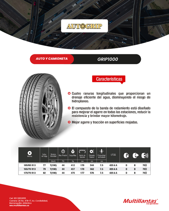 Auto Grip Rib 3 Llanta 165/65R13 77T Grip1000 Autogrip — Multillantas