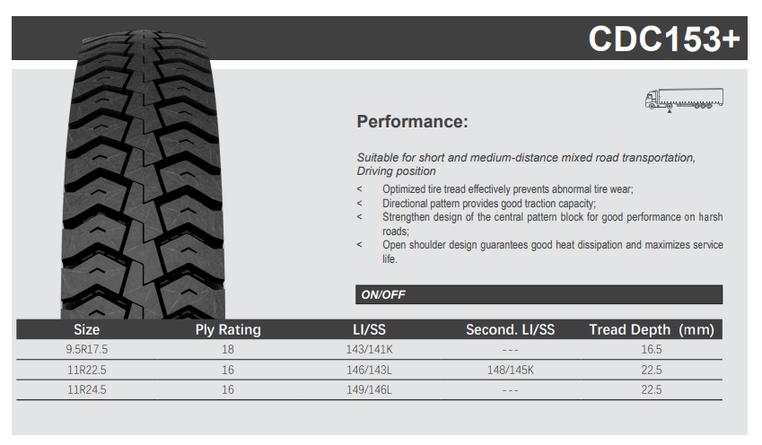 Llanta 9.5R17.5 18PR 143/141K CDC153+ TL