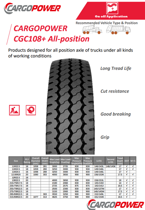 Llanta 295/80R22.5 18PR 152/149L CGC108+ Cargopower