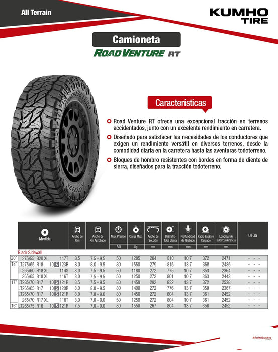 Llanta 265/75R16 10PR 123/120R RT51 Kumho Vt