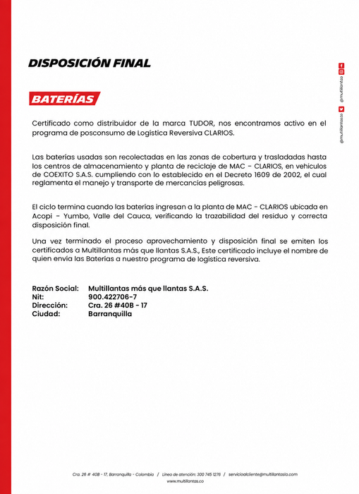 Batería Tudor 48IST950T (+) D