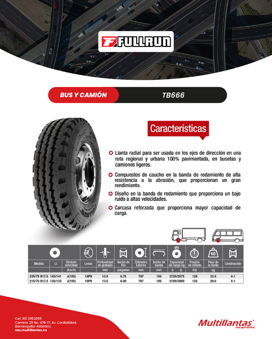 Llanta 215/75R17.5 16Pr 135/133J TB666 Dir Mix Full Run