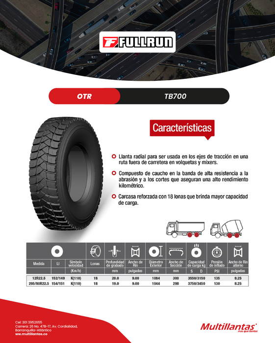 Llanta 12R22.5 18Pr 152/149K TB700 Trac OTR Full Run
