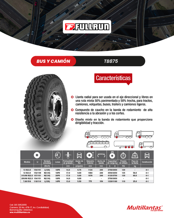 Llanta 12R22.5 18Pr 152/149M TB875 Mix Full Run