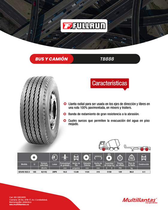 Llanta 425/65R22.5 20Pr 165K TB888 Dir Full Run