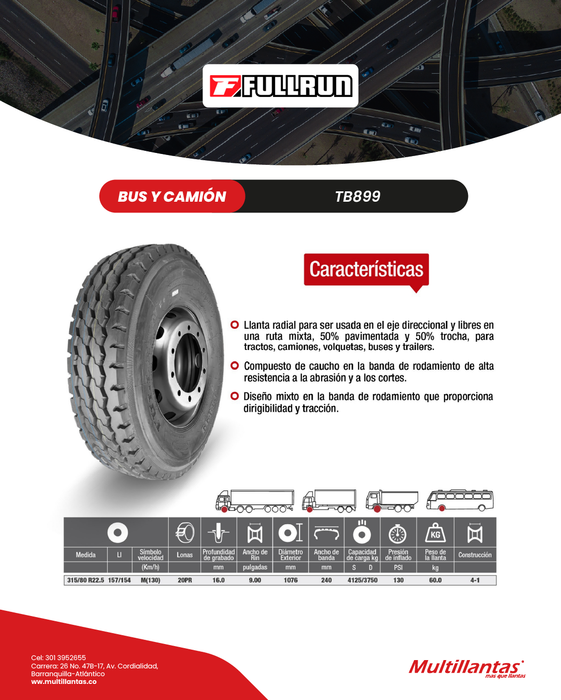 Llanta 315/80R22.5 20Pr 157/154M TB899 Mix Full Run