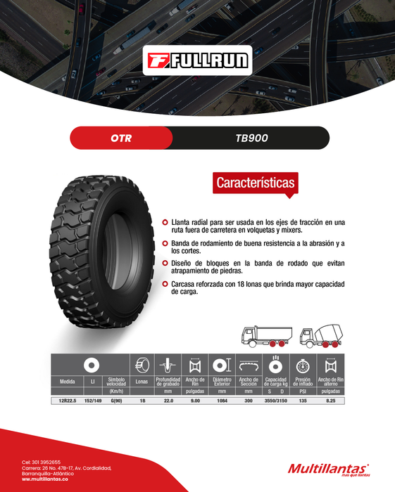Llanta 12R22.5 18Pr 152/149G TB900 OTR Full Run