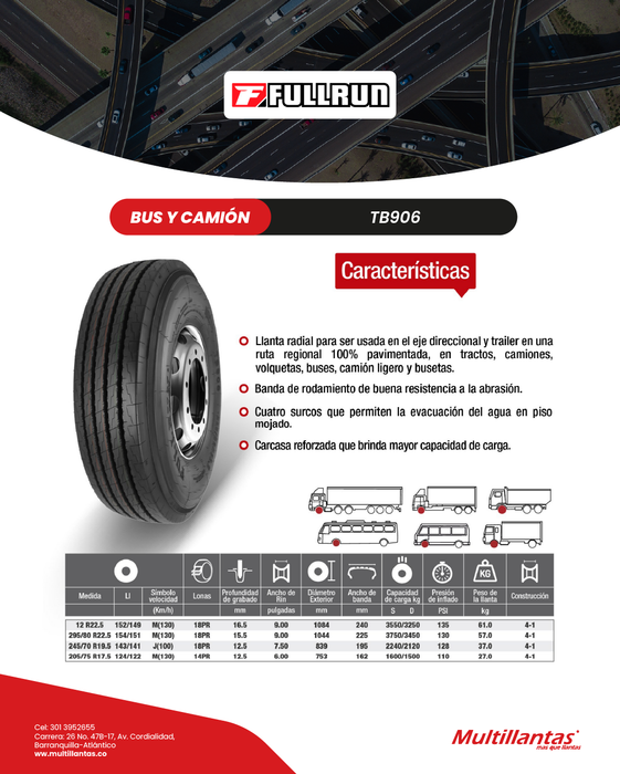 Llanta 12R22.5 18Pr 152/149M TB906 Dir Full Run