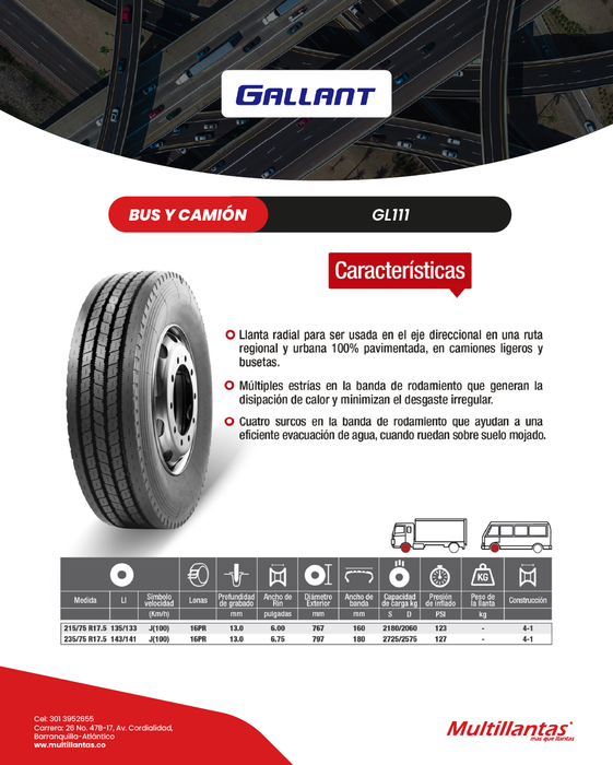 Llanta 215/75R17.5 16Pr 135/133J GL111 Dir Gallant