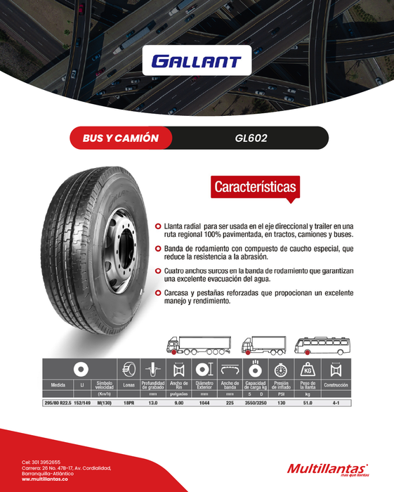 Llanta 295/80R22.5 18Pr 152/149M GL602 Dir Gallant