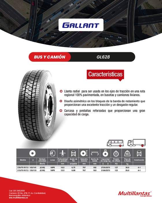 Llanta 235/75R17.5 16Pr 143/141J GL628 Trac Gallant