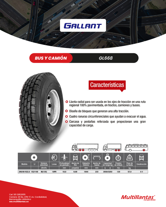 Llanta 295/80R22.5 18Pr 152/149M GL668 Trac Gallant