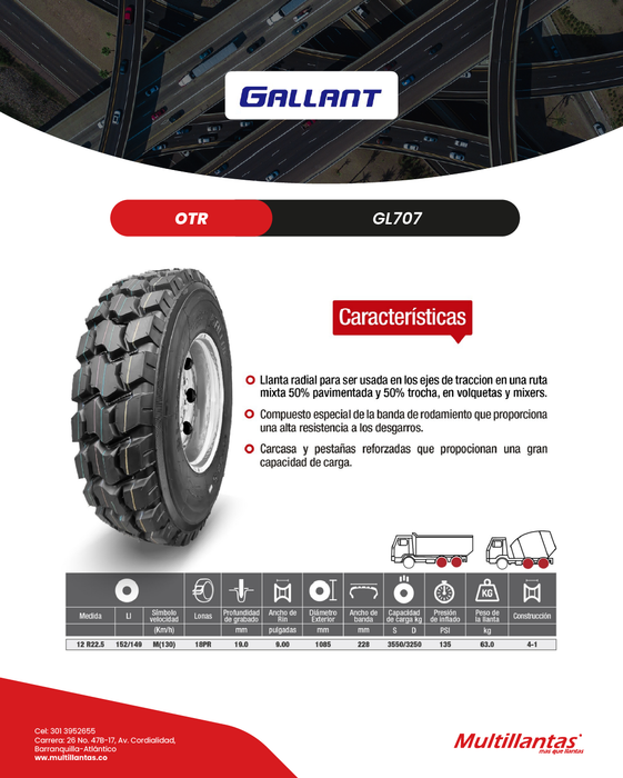 Llanta 12R22.5 18Pr 152/149D GL707 Trac Gallant