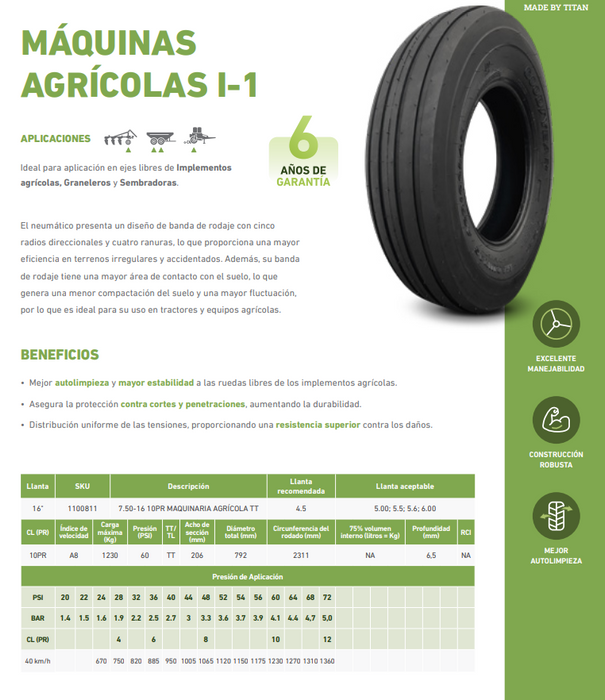 Llanta 7.50-16 I1 MAQUINAS AGRICOLAS 10PR GOODYEAR TT