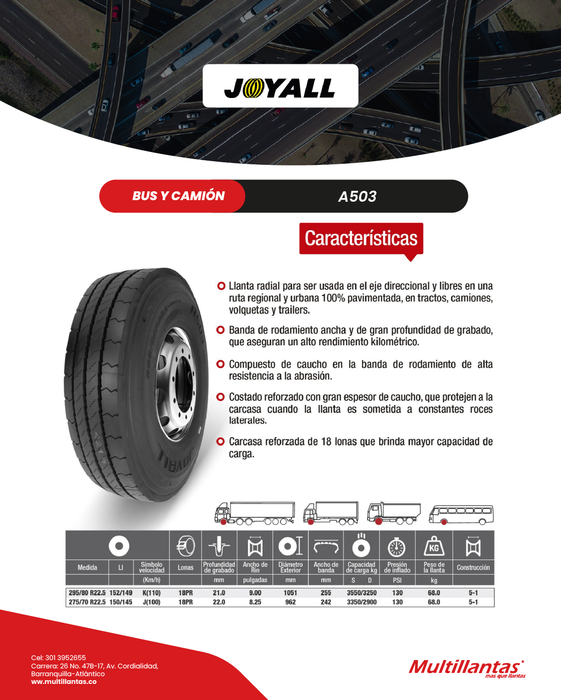 Llanta 295/80R22.5 18Pr 152/149K A503 Dir Joyall
