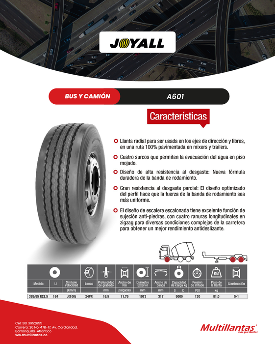 Llanta 385/65R22.5 24Pr 164J A601 TL Dir Joyall