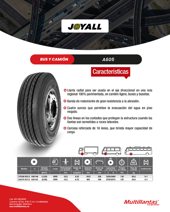 Llanta 275/80R22.5 18Pr 149/146L A605 Dir Joyall