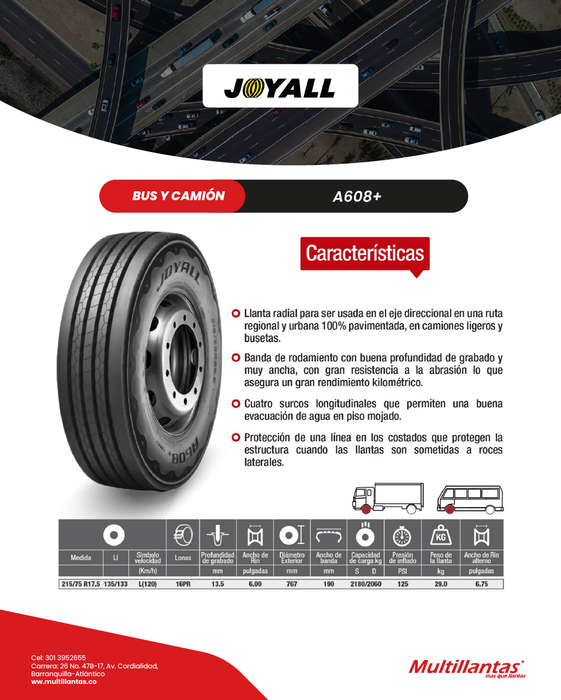 Llanta 215/75R17.5 16Pr 135/133L A608+ Dir Joyall