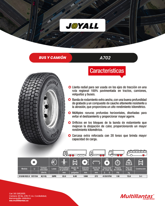 Llanta 315/80R22.5 20Pr 157/154K A702 Trac Joyall