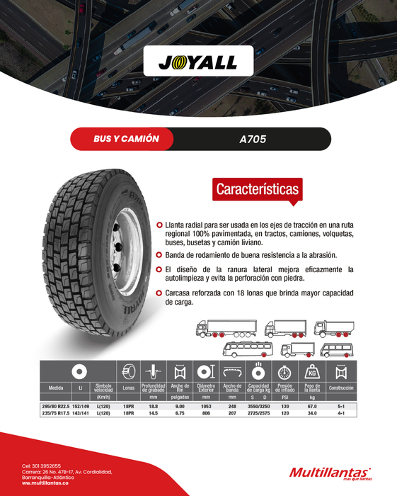 Llanta 235/75R17.5 18Pr 143/141L A705 Trac Joyall