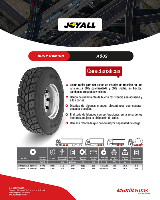 Llanta 315/80R22.5 20Pr 157/154J A802 Trac Mix Joyall