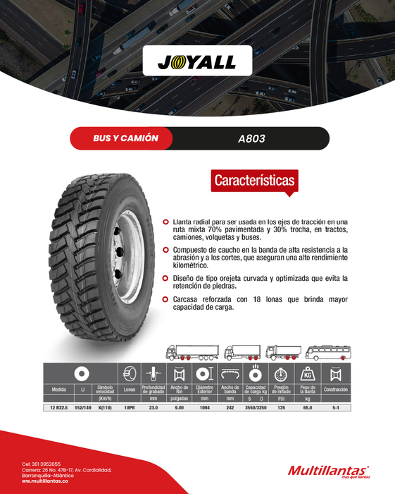 Llanta 12R22.5 18Pr 152/149K A803 Trac Mix Joyall