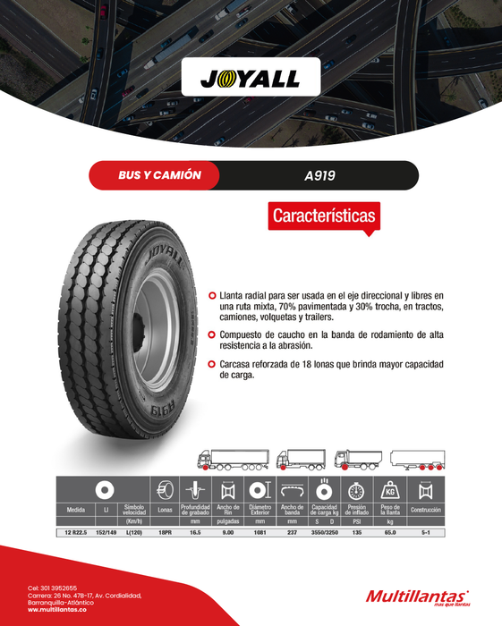 Llanta 12R22.5 18Pr 152/149L A919 Mix Joyall