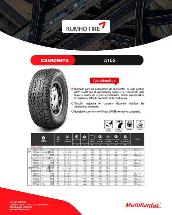 Llanta 275/65R18 116T AT52 Kumho
