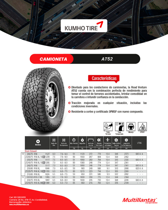 Llanta 275/65R18 116T AT52 Kumho