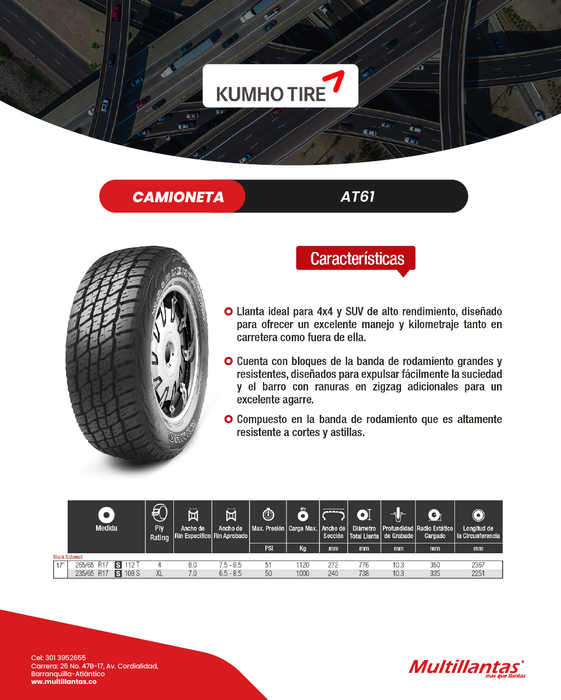 Llanta 235/65R17 108S AT61 Kumho Ch