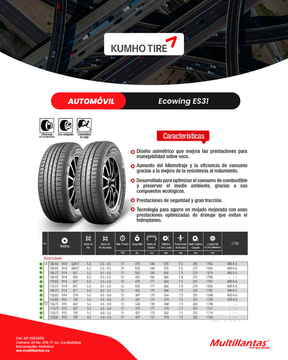 Llanta 165/60R14 75H ES31 Ecowing Kumho Ch