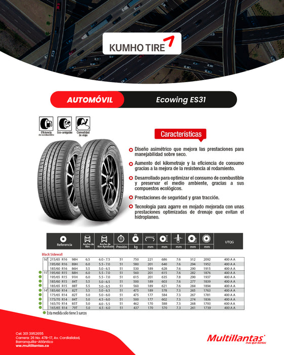 Llanta 215/65R16 98H ES31 Ecowing Kumho Ch