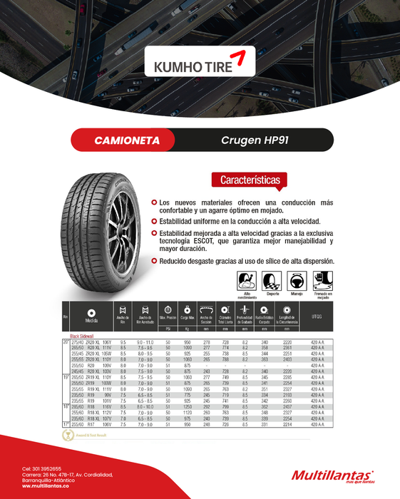 Llanta 255/50R20 VXLL 109V HP91 Kumho