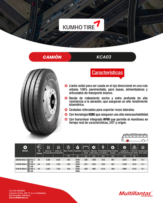Llanta 295/80R22.5 18Pr 154J KCA03 Mix Kumho Korea