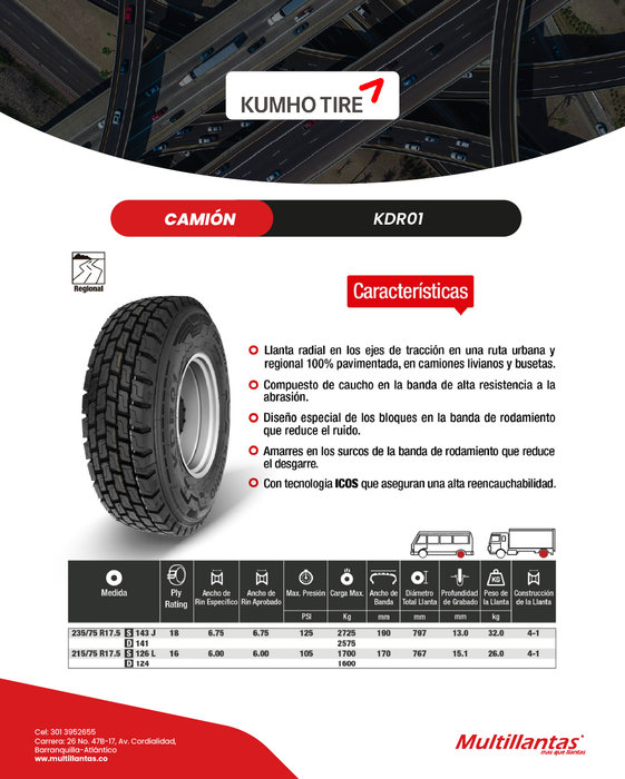Llanta 215/75R17.5 16Pr KDR01 Trac Kumho Ch