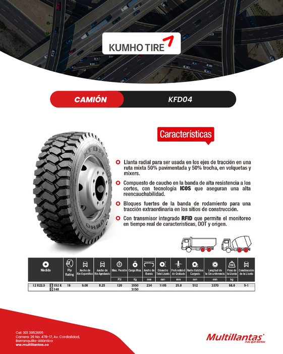 Llanta 12R22.5 16Pr 152K KFD04 Trac Otr Kumho Korea