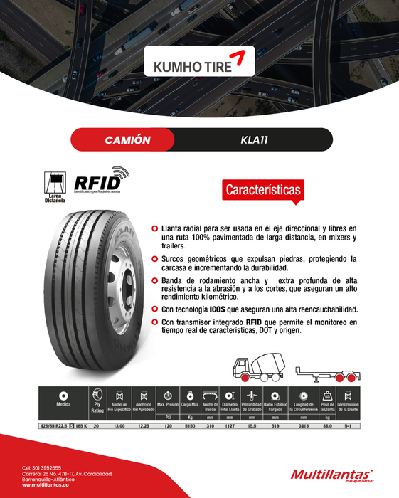 Llanta 425/65R22.5 20Pr 165K KLA11 Dir Kumho Korea