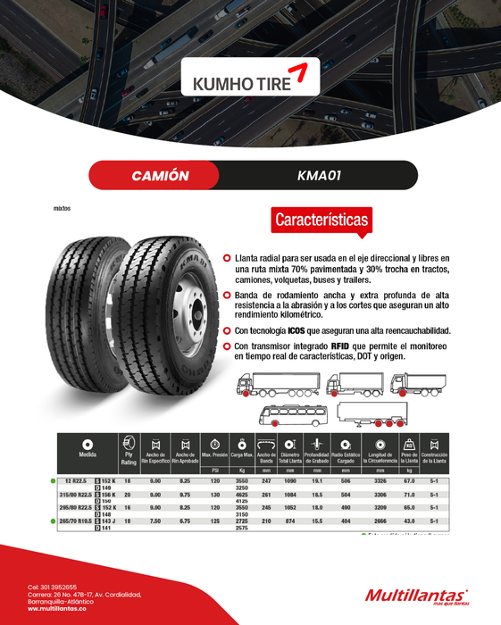 Llanta 12R22.5 18Pr 152K KMA01 Mix Kumho Korea